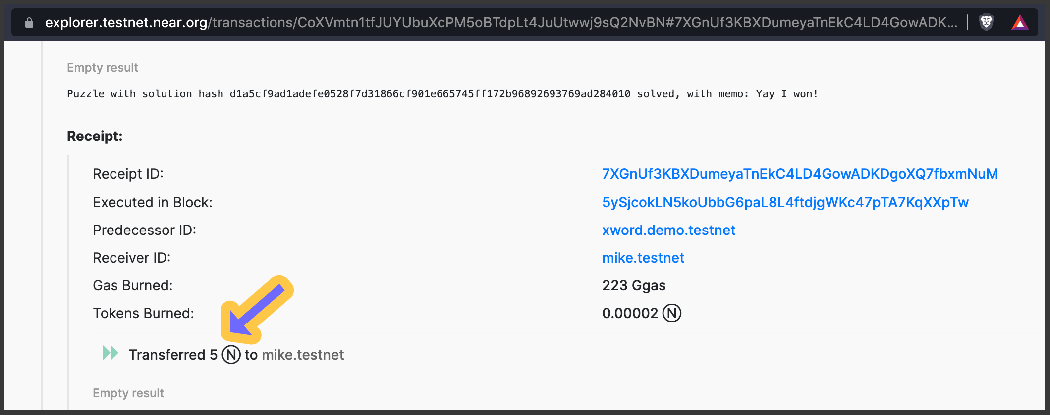 트랜잭션에서 5 NEAR가 mike.testnet으로 전송되는 위치를 강조 표시하는 NEAR 익스플로러의 스크린샷