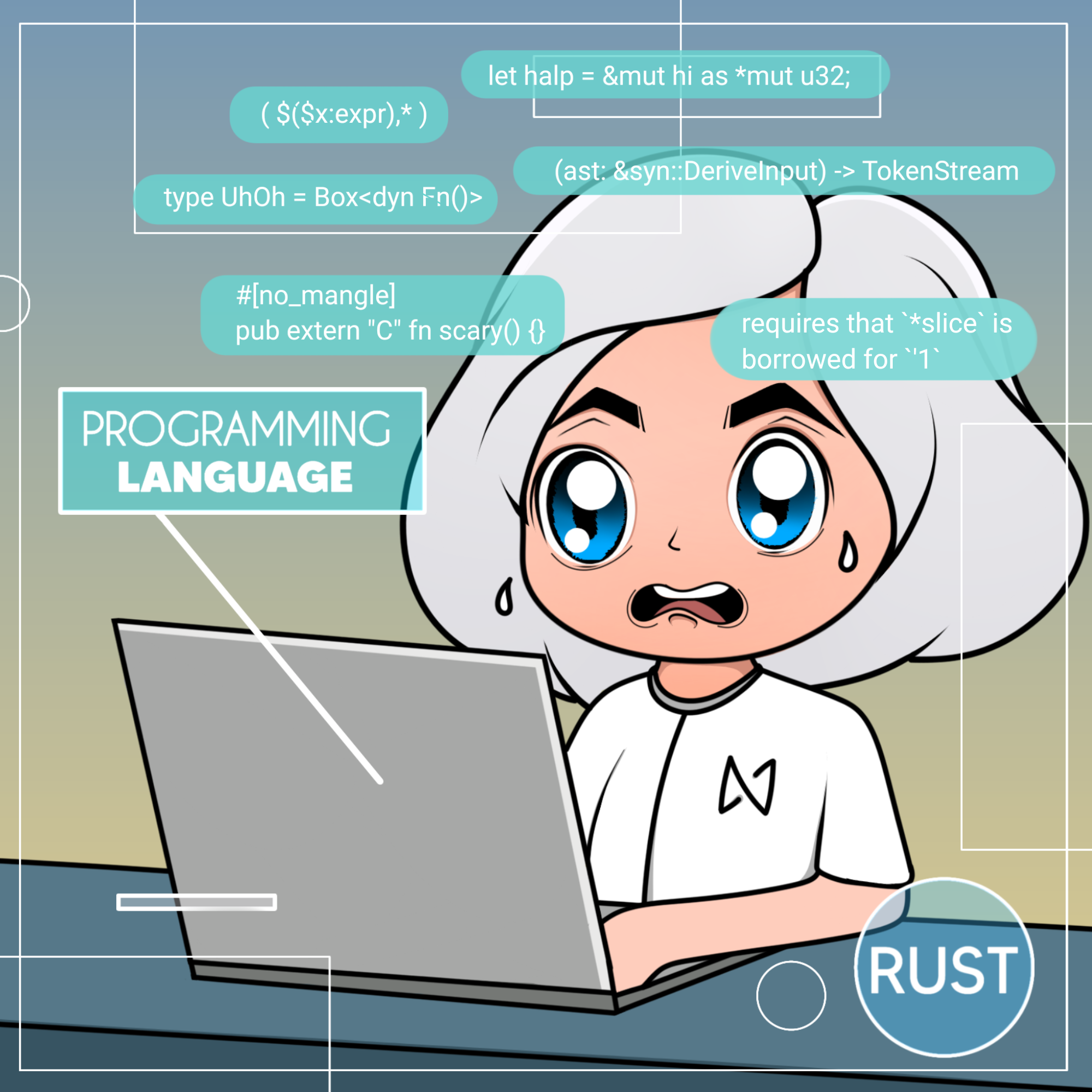 Rust 코드를 보고 걱정하는 프로그래머 ksart.near 그림