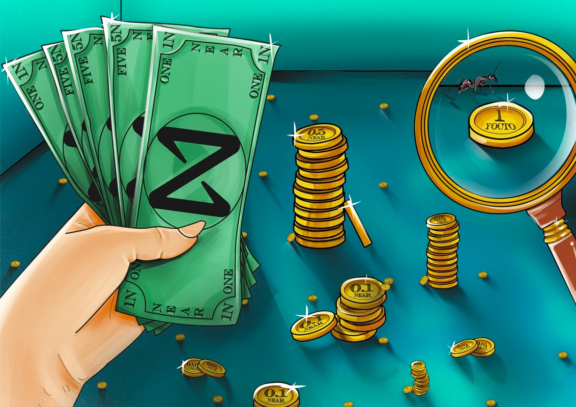 Depiction of bills of NEAR, coins for partial NEAR, and then a magnifying glass showing a tiny yoctoNEAR next to an ant. Art created by jrbemint.near