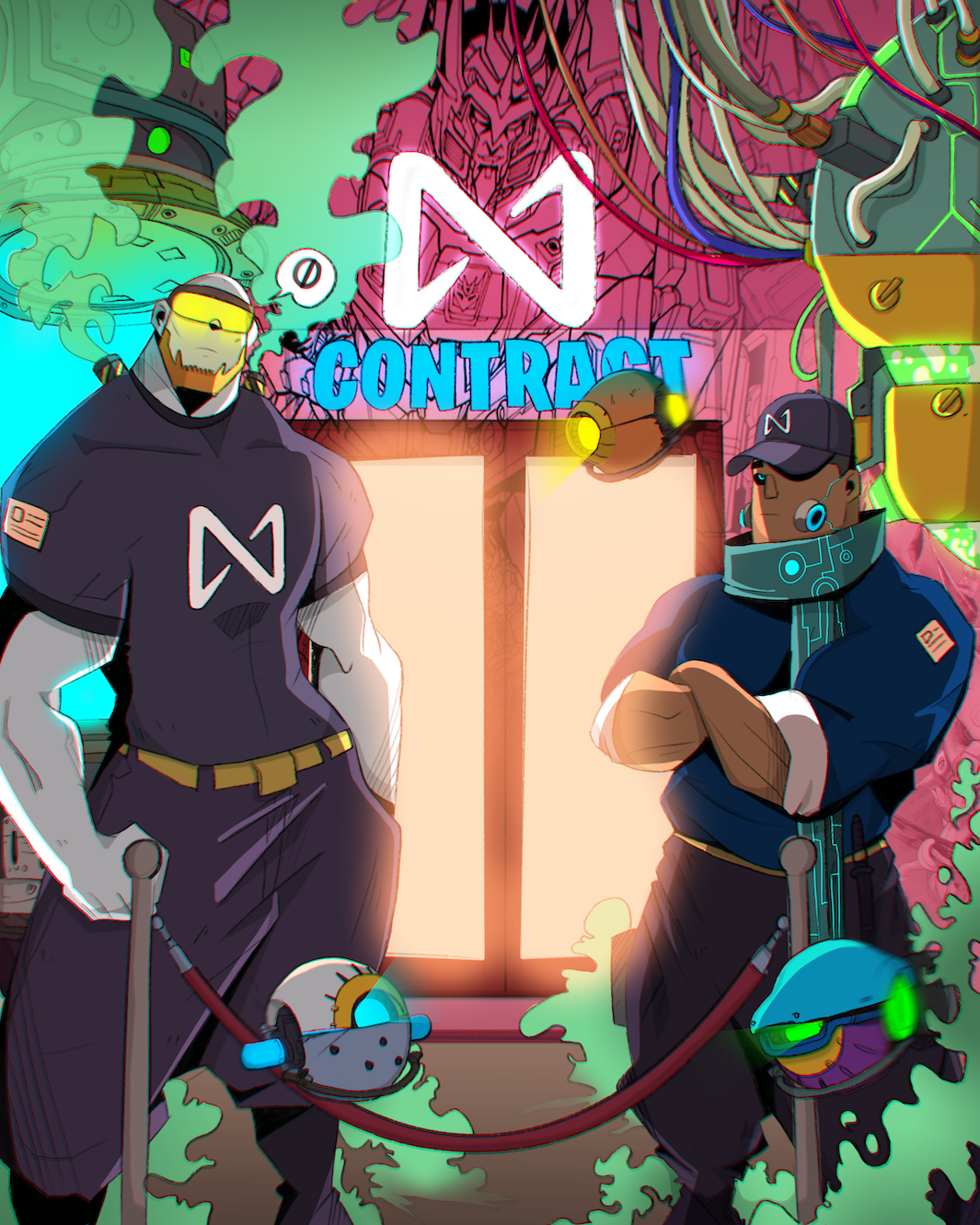 Guards or bouncers in front of a futuristic club with the label of a NEAR smart contract. Art created by connoisseur_dane.near Art created by connoisseur_dane.near