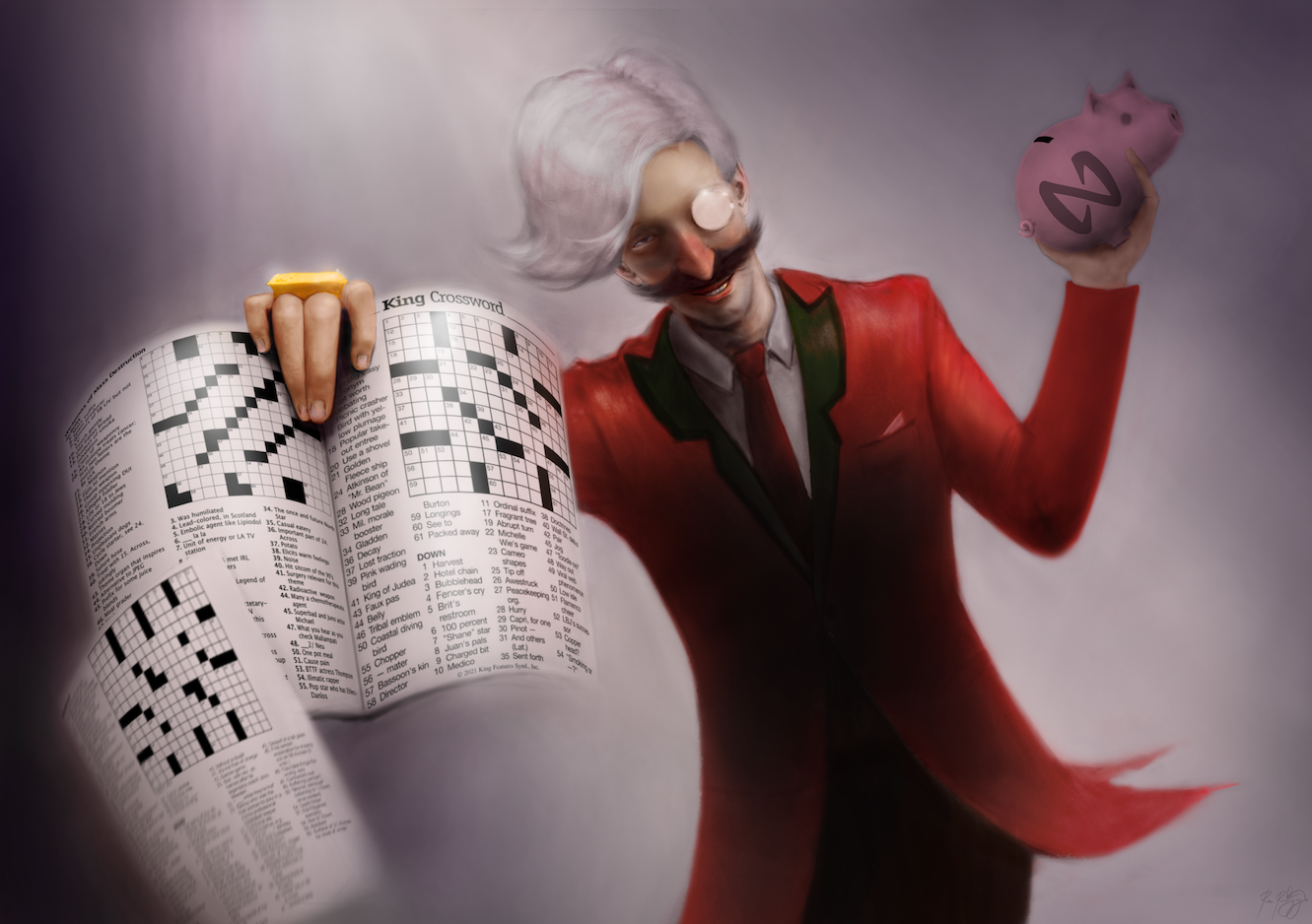 Man holding a book full of crossword puzzles, in his other hand he's holding a piggy bank. Art created by r3v.near Art created by r3v.near