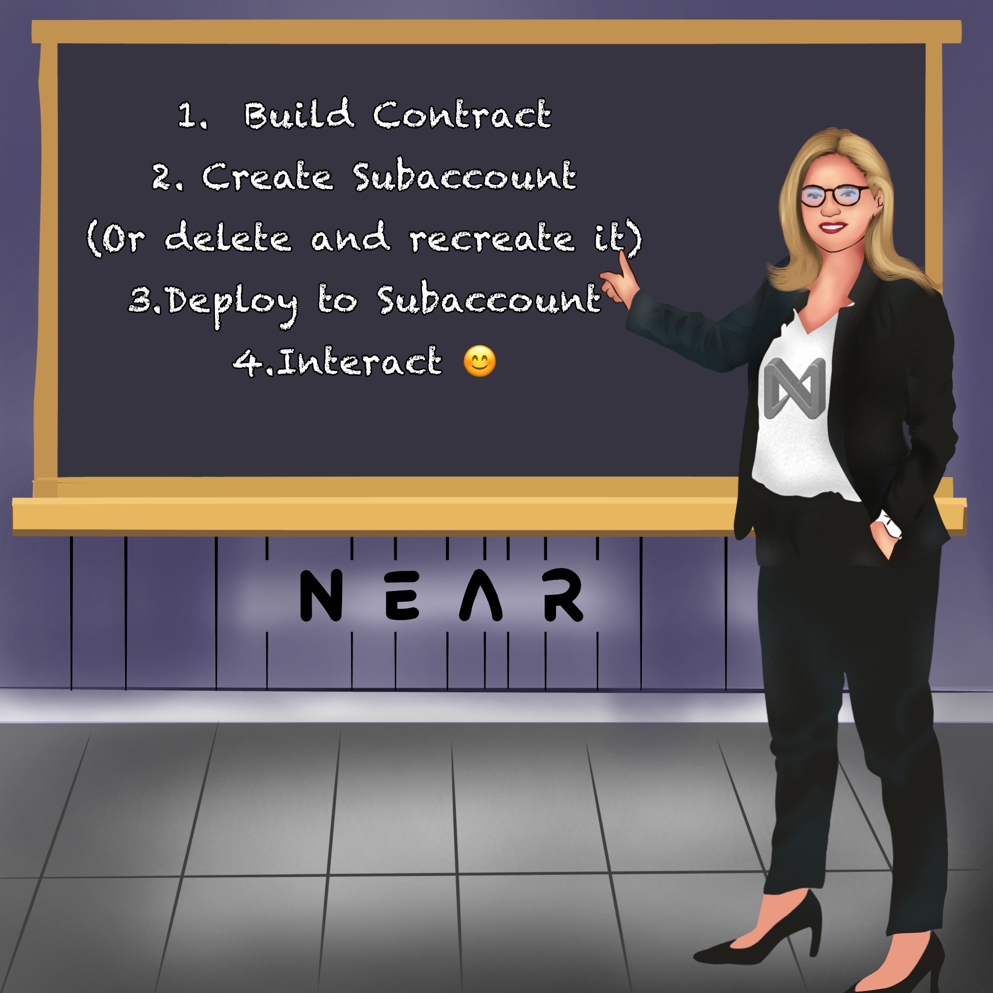 Teacher shows chalkboard with instructions on how to properly deploy a smart contract. 1. Build smart contract. 2. Create a subaccount (or delete and recreate if it exists) 3. Deploy to subaccount. 4. Interact. Art created by herogranada.near 1. Build smart contract. 2. Create a subaccount (or delete and recreate if it exists) 3. Deploy to subaccount. 4. Interact. Art created by herogranada.near