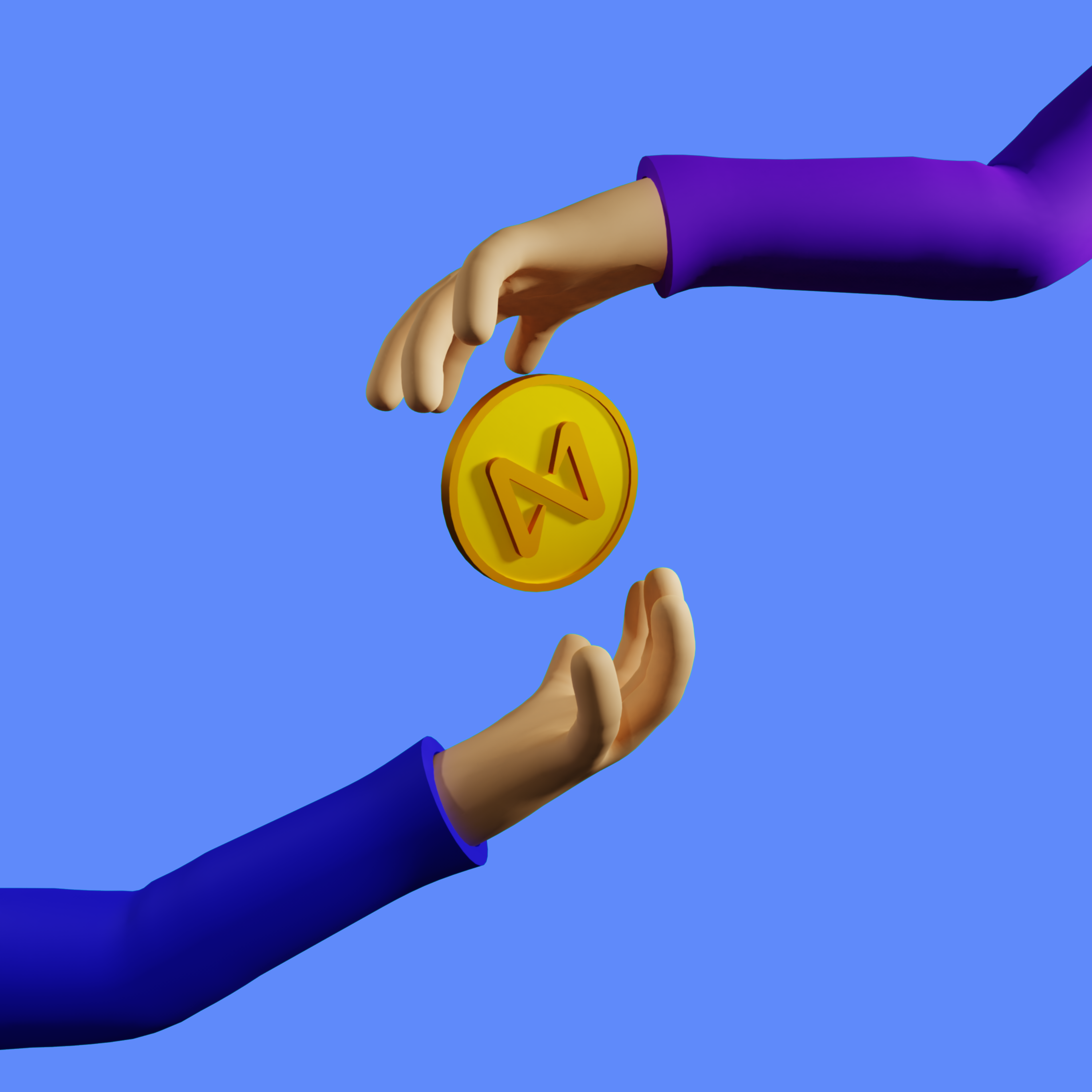 Two hands exchanging a coin emblazoned with the NEAR Protocol logo. Art created by qiqi04.near Art created by qiqi04.near